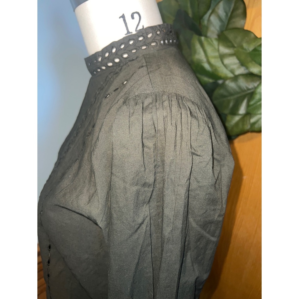 LOFT Womens Olive Green Mock Neck Eyelet Embroidered Long Sleeve Blouse Top M - Picture 4 of 8